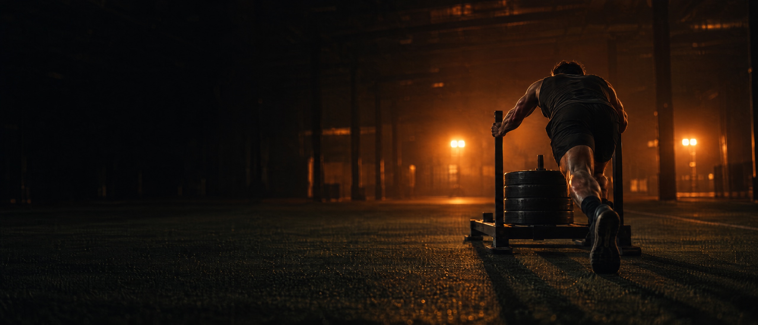 An athlete pushing a weighted sled across turf in a dark training hall lit by orange lights