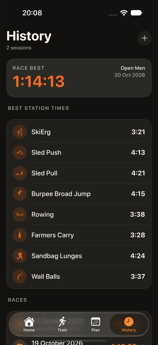 History screen with race best and best station times