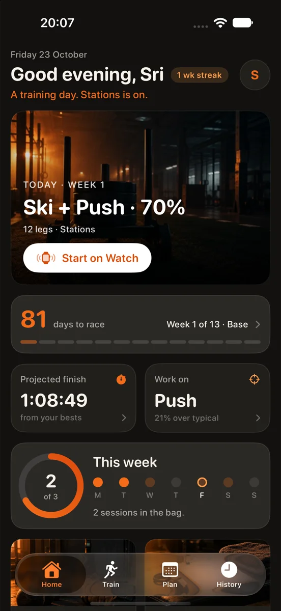 Home screen with today's session, days to race and projected finish